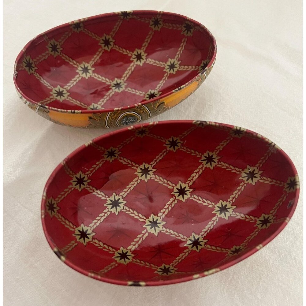 Vintage Decorative Tin Egg | European Easter Decor | Red and Gold Ornate Metal - Picture 3 of 6
